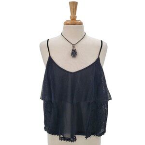 American Eagle Womens Black Lace Cropped Ruffle Tank Top Size M Flowy Sheer Y2K